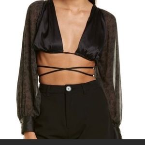 We Wore What Danielle Bernstein tie back puff sleeve crop top, black XS